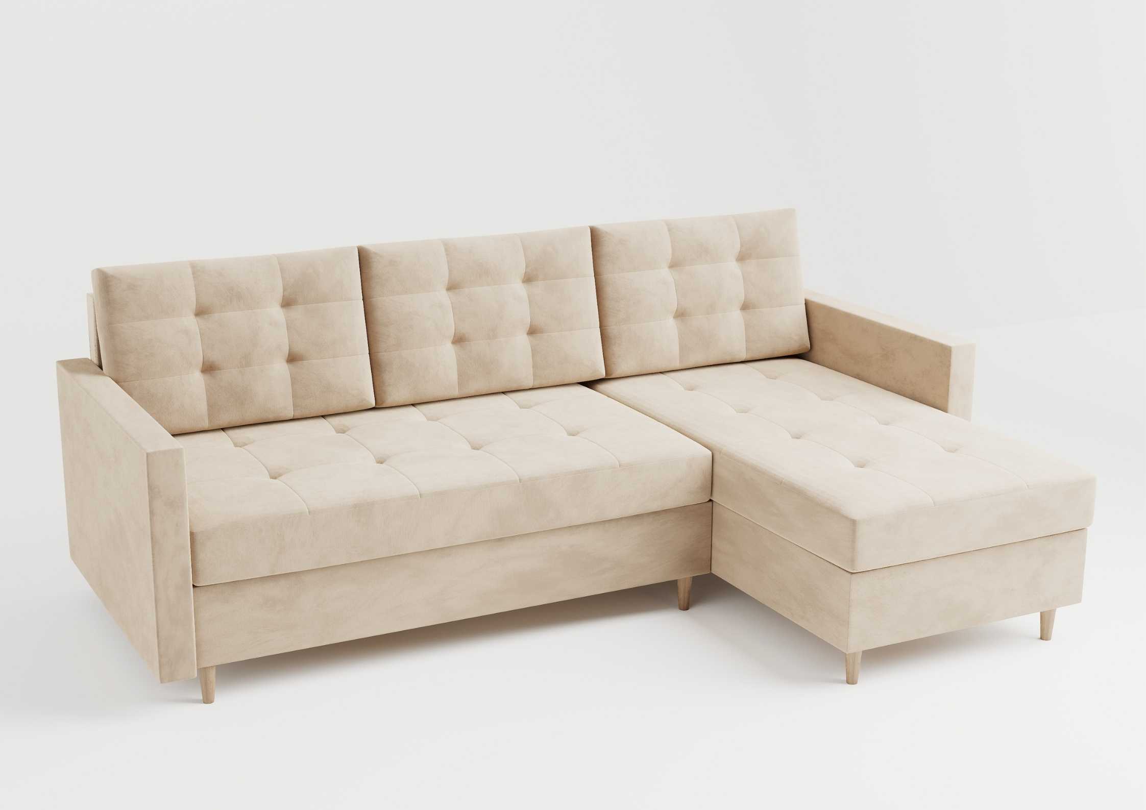 Pikowany narożnik skandynawski z funkcją spania na drewnianych nogach w kolorze beżowym